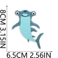 Blue hammerhead shark embroidery patch with detailed size measurements on white backdrop - Blue Hammerhead Shark