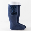 Navy blue ribbed knee-high baby socks with cute pom-pom and bow detail decoration - Navy Blue