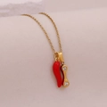 Detail of gold chain necklace with red enamel chili and rhinestone bone pendant charm - Letter I(I)