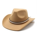 Detailed close-up of khaki wool fedora with brown strap and gold star rivet accents - M (56-58cm) / Camel