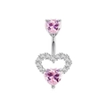 Silver belly button ring with pink heart zircons and sparkling round diamonds - Hollow Heart Style