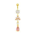 Detailed view of floral belly button ring with pink and clear zircon stones in gold finish - Pink(24060701-3)