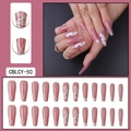 Long pink press on nails with white leaf pattern and elegant matte finish design - CBLCY-50 Pink White Leaf