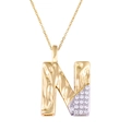 Two-tone letter N pendant necklace with gold texture and sparkling pavé crystals - Letter: N