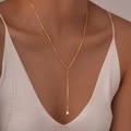 Collana a Y da donna in acciaio inossidabile placcato oro 18K con pendente in zircone - NC-1570G (Solitario Rotondo)