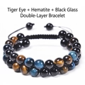 Double layer 8mm blue tiger eye and black onyx beaded bracelet with adjustable cord - Blue Tiger Eye + Yellow Tiger Eye + Black Glass Bracelet