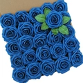 Gift box of 25 lifelike blue PE foam roses with green leaves for home decoration - Dyed Royal Blue