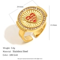Detailed size chart of the 18K gold stainless steel heart ring with weight and dimensions - Zirconia Round Disc Adjustable Ring / Gold Red Heart (Open Ring)