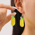 Creative yellow orange fruit earrings with green leaves and small white flower details - White Gold Yellow Fruit