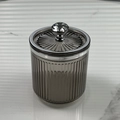 Gray ribbed portable cotton swab holder with silver lid and crystal handle knob - Diamond Handle / Smoke