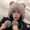 Grey plush deer ear winter hat with dual pom-poms and warm earflaps for women - Rendered Four Pom Plush Hat / Gray