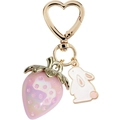 Detail of a pink strawberry and white rabbit charm keychain with a golden heart clasp - Pink 5