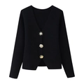 Minimalist black V-neck knitted cardigan with unique gold decorative buttons for women - S / Black