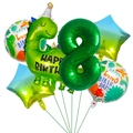 Macro detail of dinosaur birthday balloons set with green number 8 and star shapes - Dino Birthday Set 8
