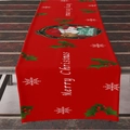 Red Christmas table runner with Merry Christmas print and festive holly leaves on wood - 33*183cm / Red Holly Berry Snowflake