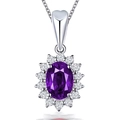 Silver halo necklace featuring an oval-cut deep purple gemstone and white zircons - Purple Diamond Tz-18 [with Box And Chain]