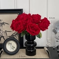 Red velvet faux roses in a modern black ceramic vase for elegant home tabletop decoration - French Velvet Red Roses 7 Pcs + Black Glass Vase