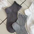 Women's crew socks with ruffled lace trim and ribbed cotton texture in light grey color - One Size / Smoke