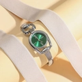 Silver horsebit bangle watch with a sunray green dial and minimalist roman numerals - Silver Case Green Dial