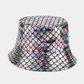 Macro shot of colorful holographic fish scale texture on a trendy reversible bucket hat - M (56-58cm) / Multicolor with Black Edge