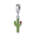 Silver cactus pendant charm with green enamel and red zircon stone on white background - Style 31-Gemstone Cactus