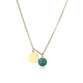 Detail of gold chain necklace with round metal tag and green marbled bead pendant - Gold Phoenix Stone