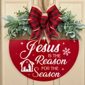 Red semicircular Jesus Is The Reason For The Season wooden door sign with bow decoration - Style K (Red Jesus)