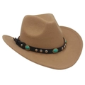 Détail du chapeau de cowboy avec perles turquoise et rivets métalliques sur cuir - M (56-58cm) / Camel (Cowboy Turquoise)