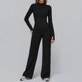 Women's black two-piece yoga set with slim zip jacket and high waist wide leg pants - Black (Jacket+Wide Leg Pants)