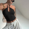 Detail of black halter top featuring a gold metal ring connector and ribbed fabric texture - S / Black