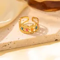 Gold-plated floral open ring featuring colorful enamel dots and wavy cut-out edges - Adjustable Open / JOM25044-Gold Wavy Colorful Enamel