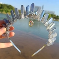 Detail of grey-blue crystal crown with moon star charms and teardrop pendant - Grey Blue/Triple Moon/AB Colorful Pendant