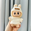 Labubu plush doll in white knitted sweater and hat from Sitting Party series - Keychain: Pure White Sweater + White Bear-patterned Hat / First And Second Generation Keychains Are Compatible With La Cloth Dolls. Dolls Not Included.