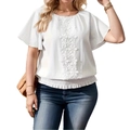Elegante camicetta bianca a maniche corte con inserto in pizzo floreale e maniche con volant - 0XL / Bianco