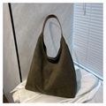 Retro moss green suede hobo tote bag with brown leather shoulder strap and large capacity - Single Bag / Green