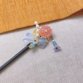 Handmade wooden hair stick with pink flower, white pearls and blue tassel for Hanfu - Pink Flower Blue Butterfly Wing Tassel Wood Hair Stick(6783)