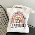 White canvas teacher tote bag with rainbow leopard print and educational motivational words - Style C11