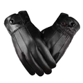 Classic black leather winter gloves with wrist snap button and warm fleece lining - Men's Faux Sheepskin Style