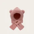 Close-up of plush pink hooded scarf featuring cute bear ears and a premium leather tag - Pink - [Wave Bear]