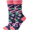 Detail of navy blue crew socks featuring pink snake and white daisy patterns - Floral Pink Flower Snake