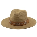 Macro view of woven straw hat featuring brown leather band with silver metal rivets - M (56-58cm) / Khaki