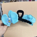 Sky blue orchid hair claw clip with multi-layer fabric petals and white faux pearl accent - Claw Clip Blue Green