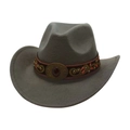 Detail of grey felt cowboy hat with embroidered ethnic band and red gemstone buckle - Gray