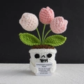 Handmade crochet ghost flower pot with pink tulips and positive support card - Halloween 3-Head Chubby Tulip Pink