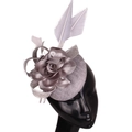 Elegant grey fascinator pillbox hat with fabric floral decor and delicate feathers - Gray
