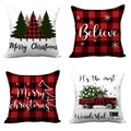 Set of four Christmas pillow covers with red truck and plaid festive patterns - Red Black Plaid Christmas Truck Set