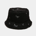 Damen Fischerhut aus schwarzem Teddy-Fleece mit weißen Schmetterlings-Stickereien für den Winter - M (56-58cm) / Schwarz