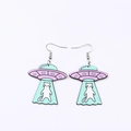 Cartoon UFO and cat acrylic drop earrings in mint green and light purple finish - Spaceship Cat