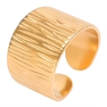 Detailed close-up of a wide gold ring featuring a textured bark-like finish and open design - Gold