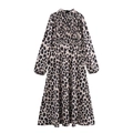 French vintage leopard print maxi dress with pleated chest and long sleeves - XS / Leopard Print
